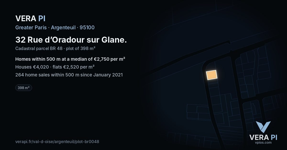 32 Rue d’Oradour sur Glane, Argenteuil at night – the plot lit, the parcels around coloured by the prices near them