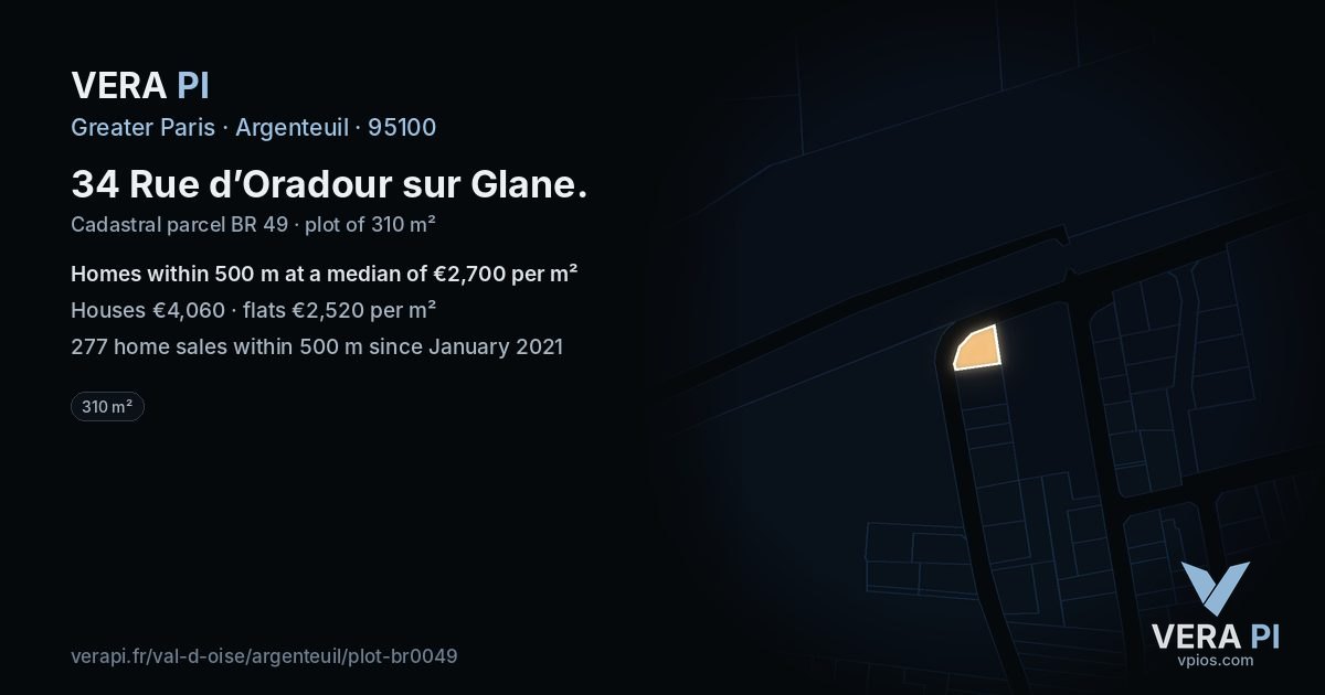 34 Rue d’Oradour sur Glane, Argenteuil at night – the plot lit, the parcels around coloured by the prices near them