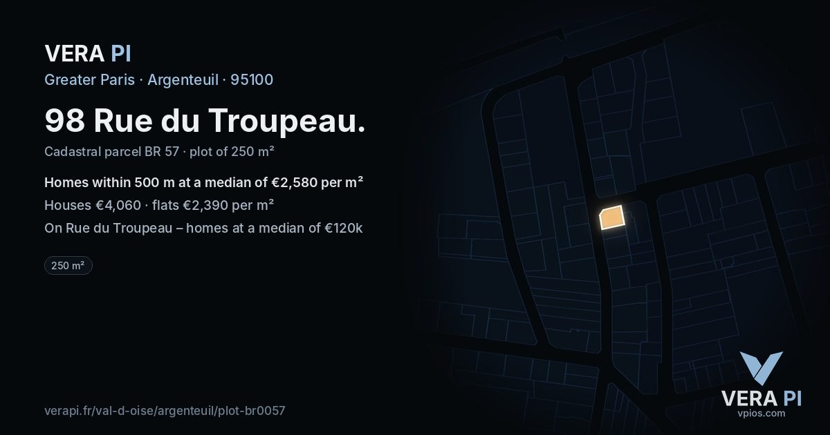 98 Rue du Troupeau, Argenteuil at night – the plot lit, the parcels around coloured by the prices near them