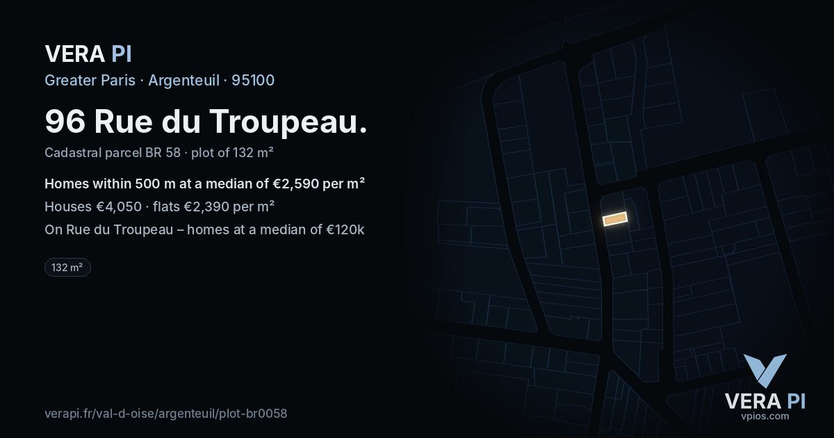 96 Rue du Troupeau, Argenteuil at night – the plot lit, the parcels around coloured by the prices near them