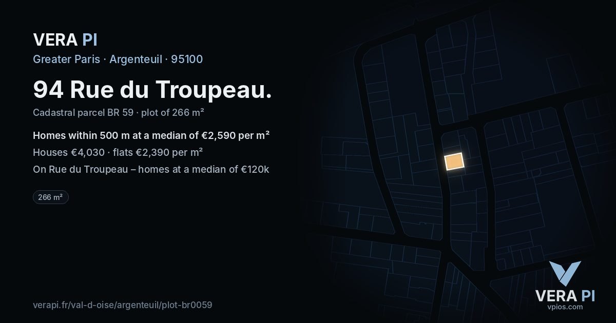 94 Rue du Troupeau, Argenteuil at night – the plot lit, the parcels around coloured by the prices near them