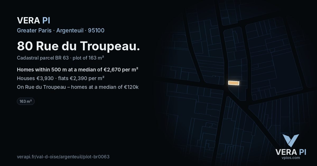 80 Rue du Troupeau, Argenteuil at night – the plot lit, the parcels around coloured by the prices near them