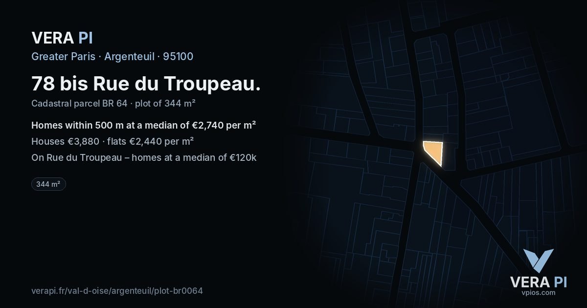 78 bis Rue du Troupeau, Argenteuil at night – the plot lit, the parcels around coloured by the prices near them