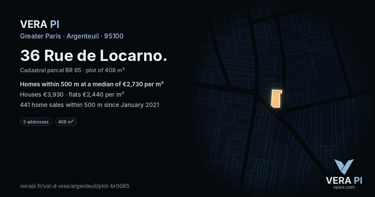 36 Rue de Locarno, Argenteuil at night – the plot lit, the parcels around coloured by the prices near them