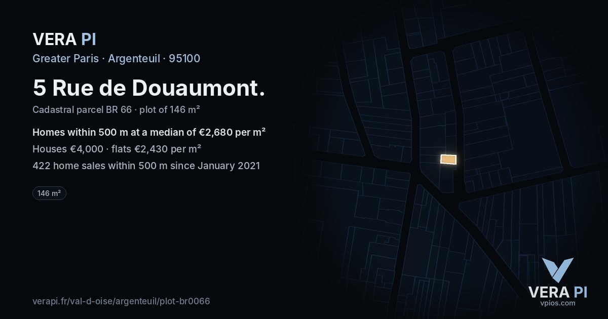 5 Rue de Douaumont, Argenteuil at night – the plot lit, the parcels around coloured by the prices near them