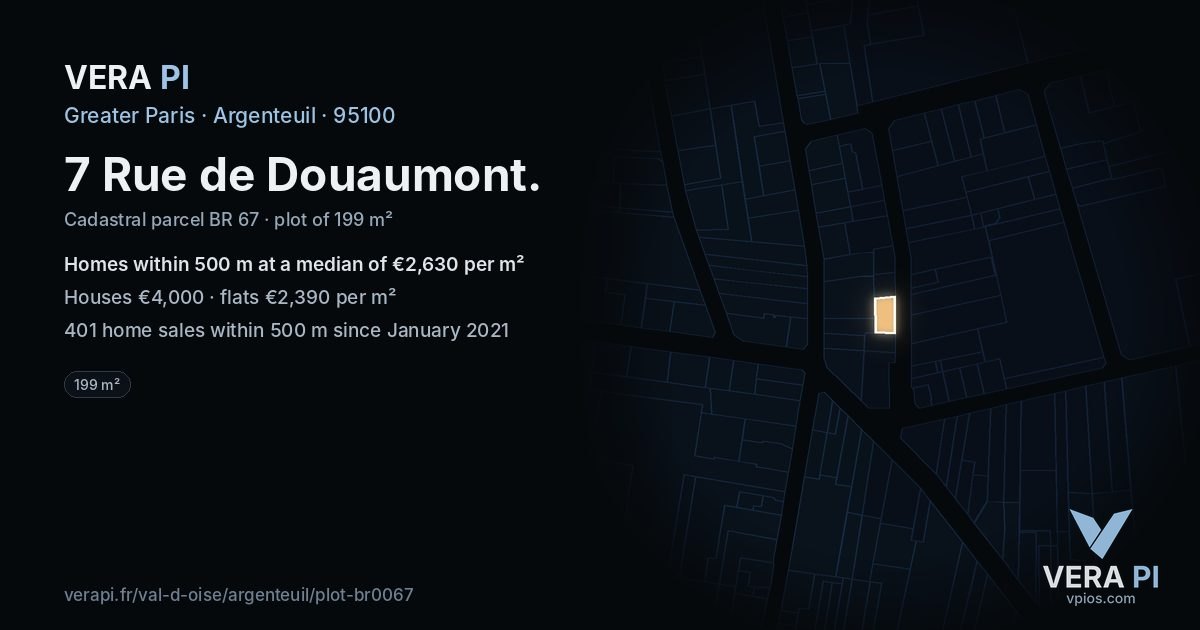 7 Rue de Douaumont, Argenteuil at night – the plot lit, the parcels around coloured by the prices near them