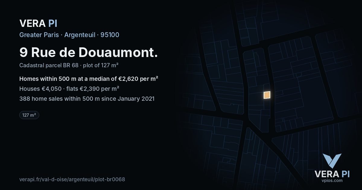 9 Rue de Douaumont, Argenteuil at night – the plot lit, the parcels around coloured by the prices near them