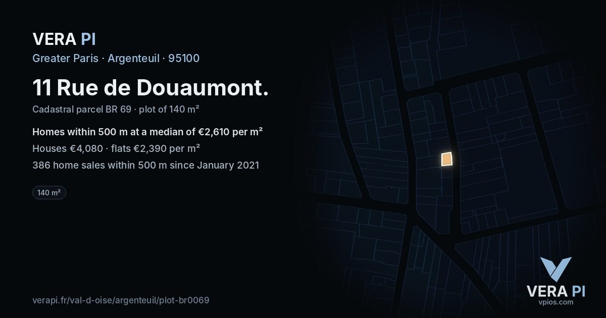 11 Rue de Douaumont, Argenteuil at night – the plot lit, the parcels around coloured by the prices near them
