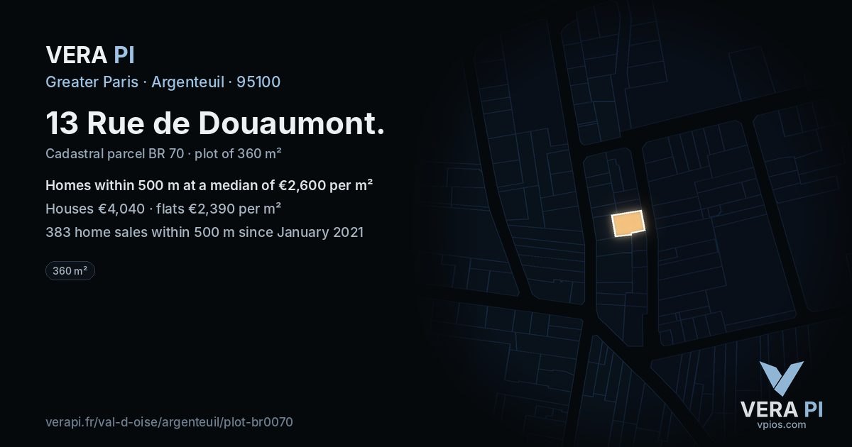 13 Rue de Douaumont, Argenteuil at night – the plot lit, the parcels around coloured by the prices near them