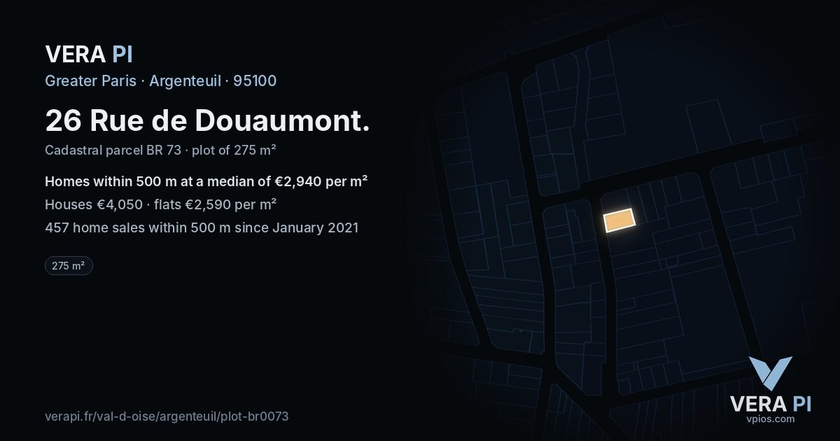 26 Rue de Douaumont, Argenteuil at night – the plot lit, the parcels around coloured by the prices near them
