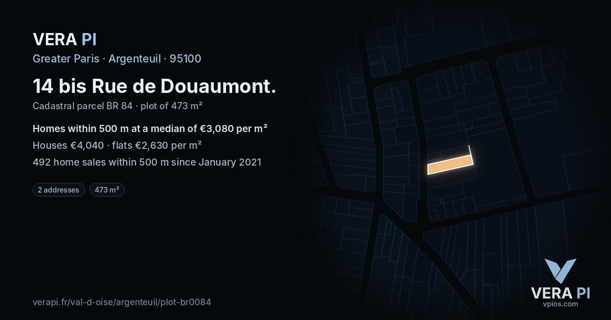 14 bis Rue de Douaumont, Argenteuil at night – the plot lit, the parcels around coloured by the prices near them