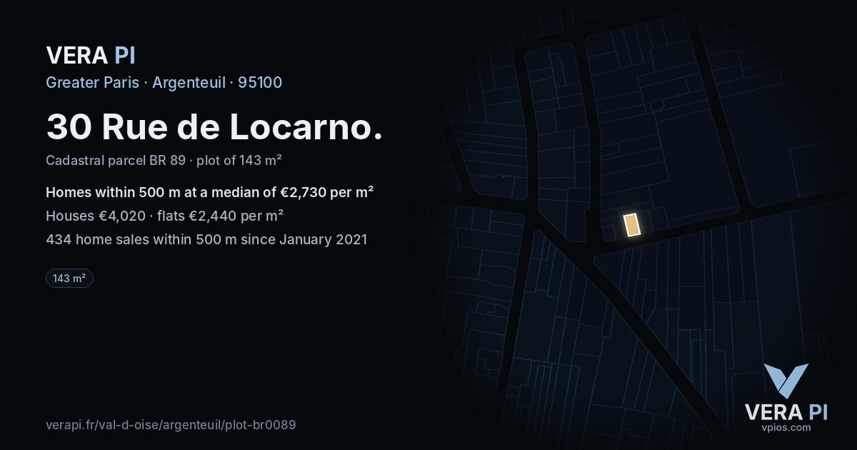 30 Rue de Locarno, Argenteuil at night – the plot lit, the parcels around coloured by the prices near them