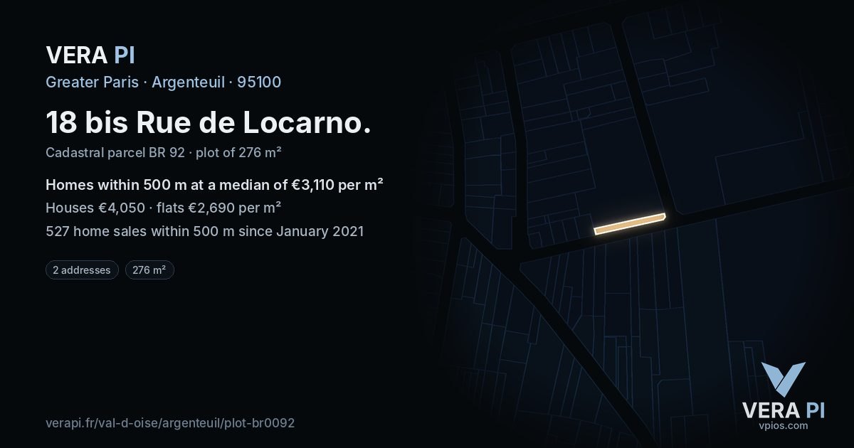 18 bis Rue de Locarno, Argenteuil at night – the plot lit, the parcels around coloured by the prices near them