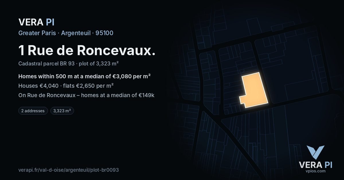 1 Rue de Roncevaux, Argenteuil at night – the plot lit, the parcels around coloured by the prices near them