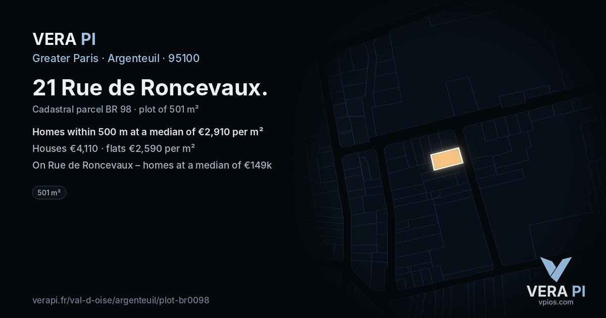 21 Rue de Roncevaux, Argenteuil at night – the plot lit, the parcels around coloured by the prices near them