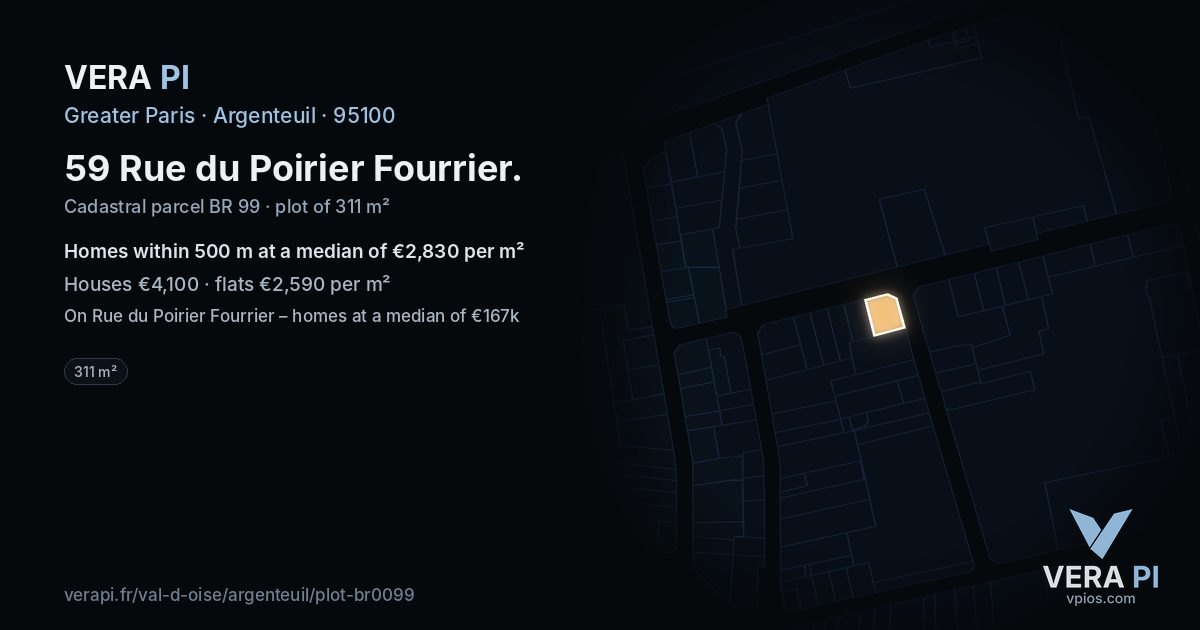59 Rue du Poirier Fourrier, Argenteuil at night – the plot lit, the parcels around coloured by the prices near them