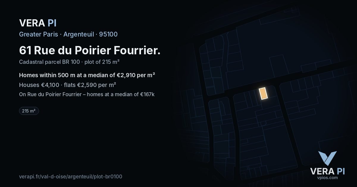 61 Rue du Poirier Fourrier, Argenteuil at night – the plot lit, the parcels around coloured by the prices near them