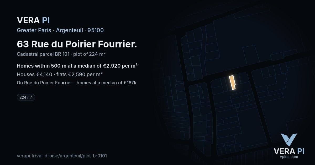 63 Rue du Poirier Fourrier, Argenteuil at night – the plot lit, the parcels around coloured by the prices near them