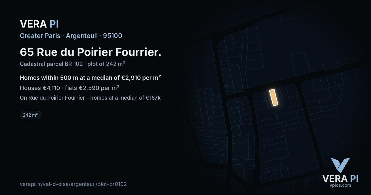 65 Rue du Poirier Fourrier, Argenteuil at night – the plot lit, the parcels around coloured by the prices near them