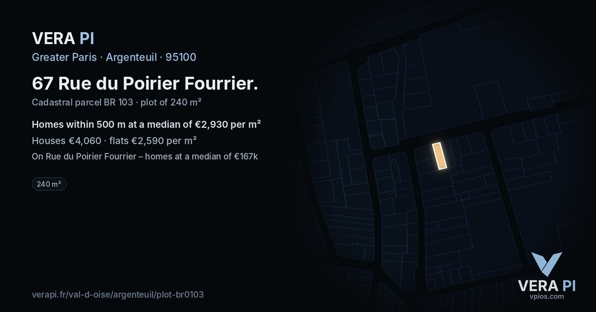 67 Rue du Poirier Fourrier, Argenteuil at night – the plot lit, the parcels around coloured by the prices near them
