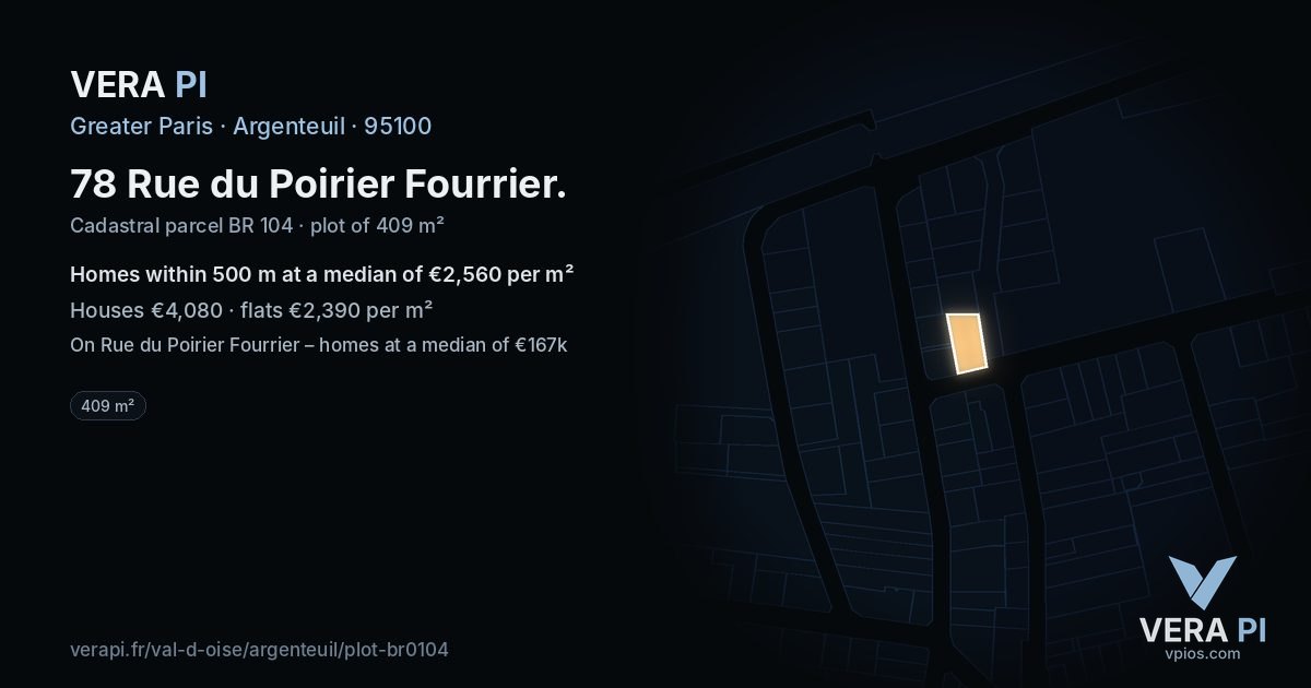 78 Rue du Poirier Fourrier, Argenteuil at night – the plot lit, the parcels around coloured by the prices near them