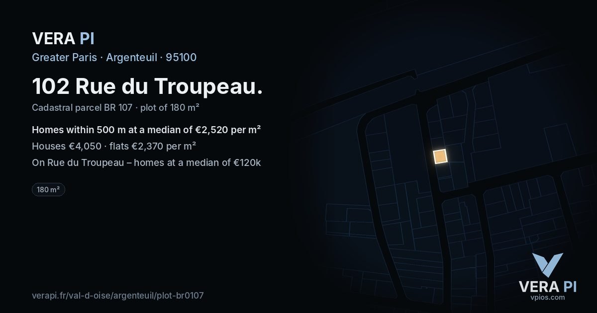 102 Rue du Troupeau, Argenteuil at night – the plot lit, the parcels around coloured by the prices near them
