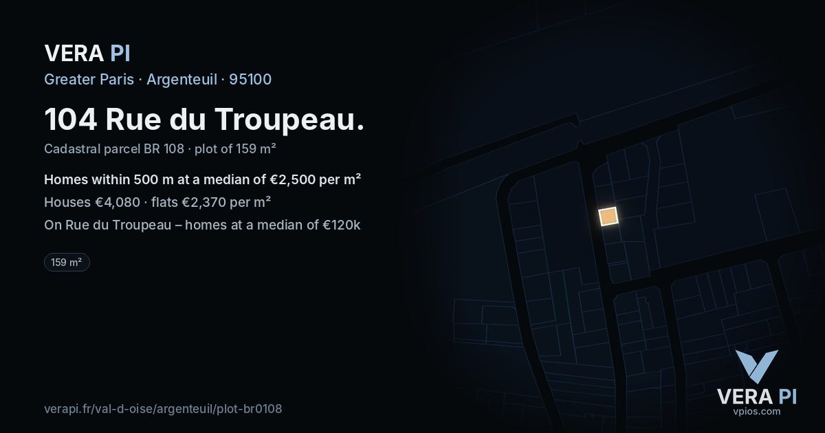 104 Rue du Troupeau, Argenteuil at night – the plot lit, the parcels around coloured by the prices near them