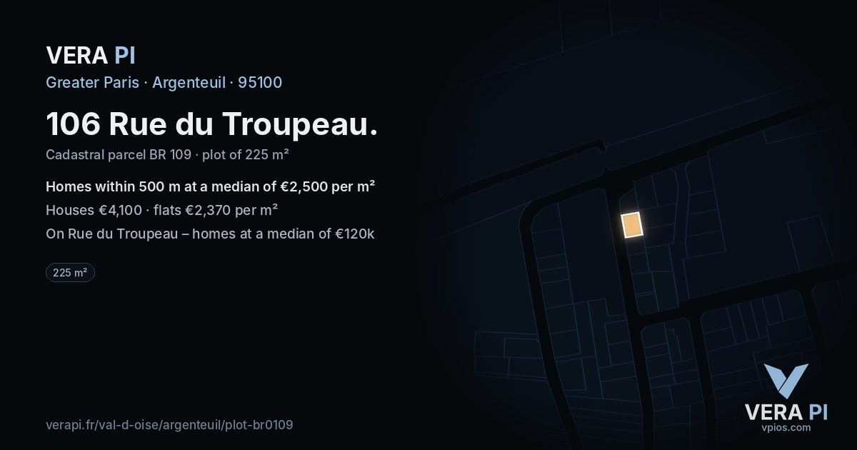 106 Rue du Troupeau, Argenteuil at night – the plot lit, the parcels around coloured by the prices near them