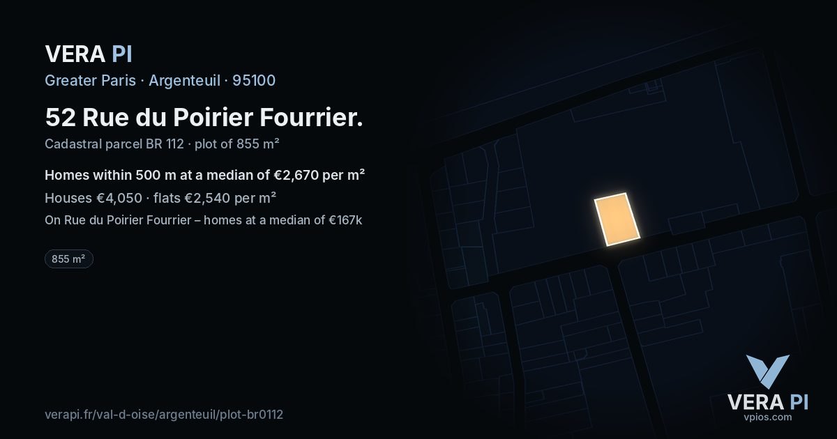 52 Rue du Poirier Fourrier, Argenteuil at night – the plot lit, the parcels around coloured by the prices near them