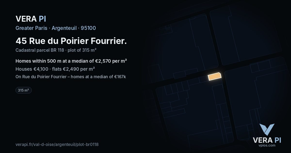 45 Rue du Poirier Fourrier, Argenteuil at night – the plot lit, the parcels around coloured by the prices near them