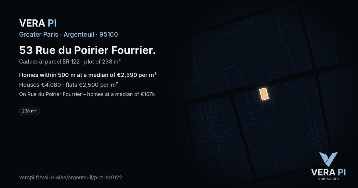 53 Rue du Poirier Fourrier, Argenteuil at night – the plot lit, the parcels around coloured by the prices near them