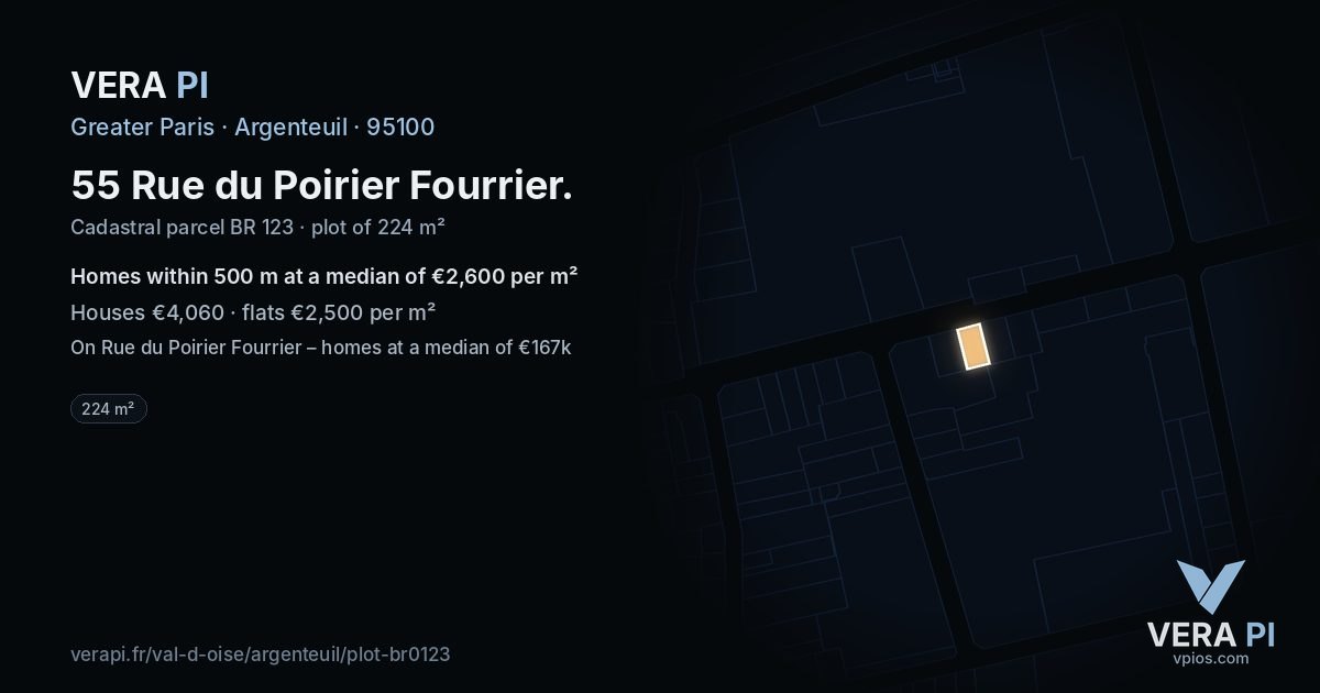 55 Rue du Poirier Fourrier, Argenteuil at night – the plot lit, the parcels around coloured by the prices near them