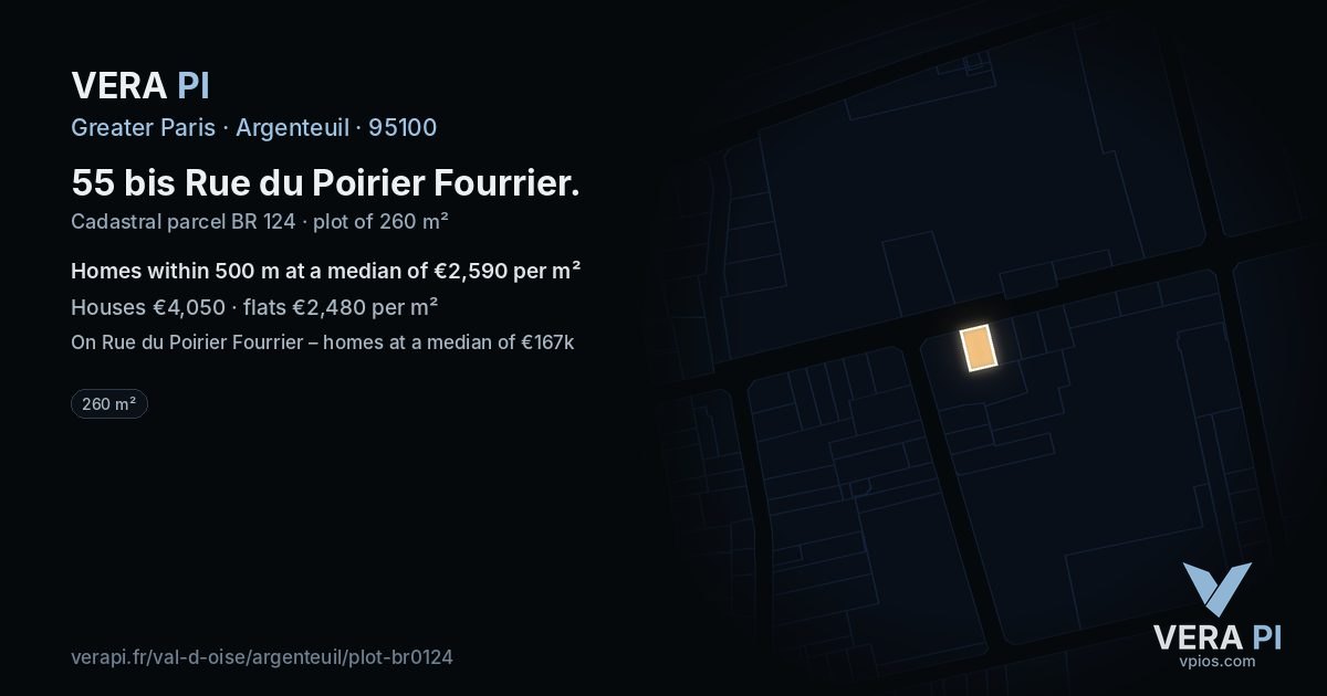 55 bis Rue du Poirier Fourrier, Argenteuil at night – the plot lit, the parcels around coloured by the prices near them