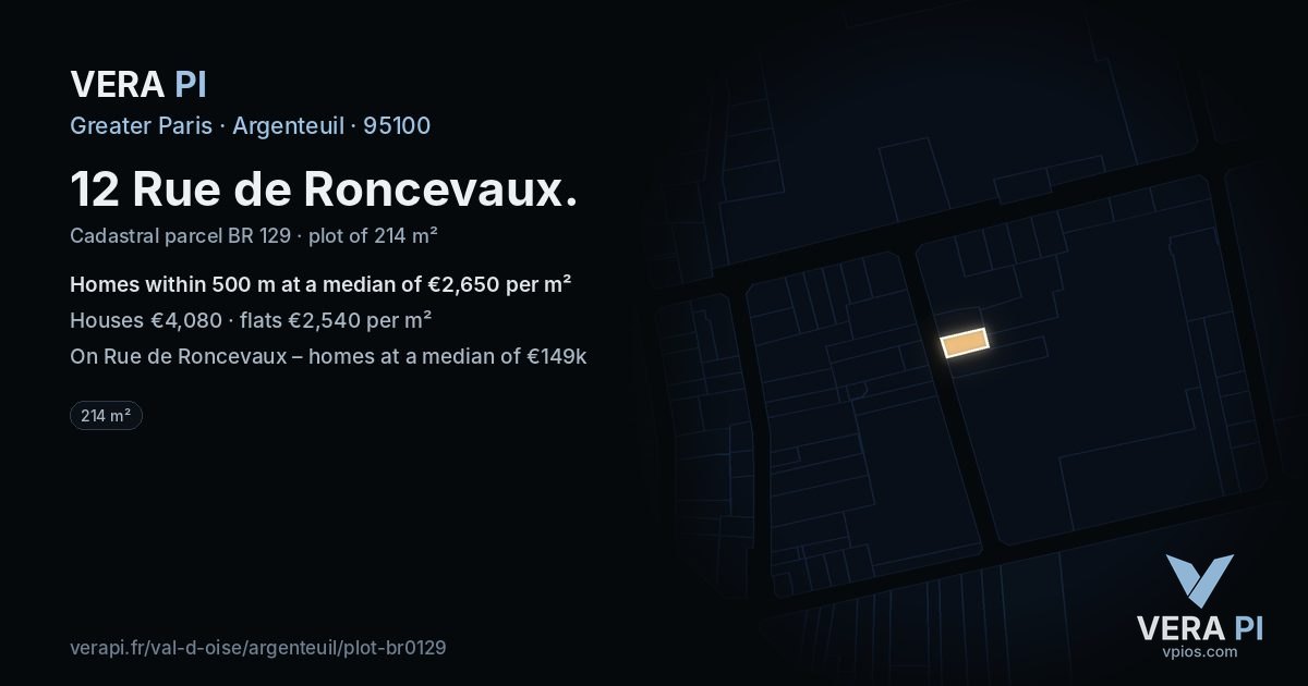 12 Rue de Roncevaux, Argenteuil at night – the plot lit, the parcels around coloured by the prices near them