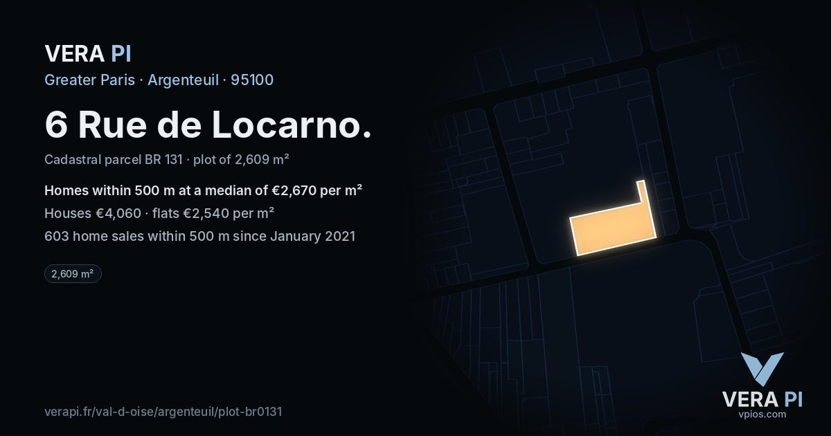 6 Rue de Locarno, Argenteuil at night – the plot lit, the parcels around coloured by the prices near them