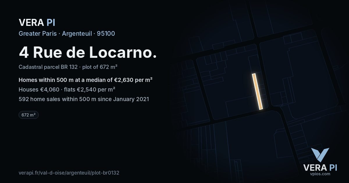 4 Rue de Locarno, Argenteuil at night – the plot lit, the parcels around coloured by the prices near them