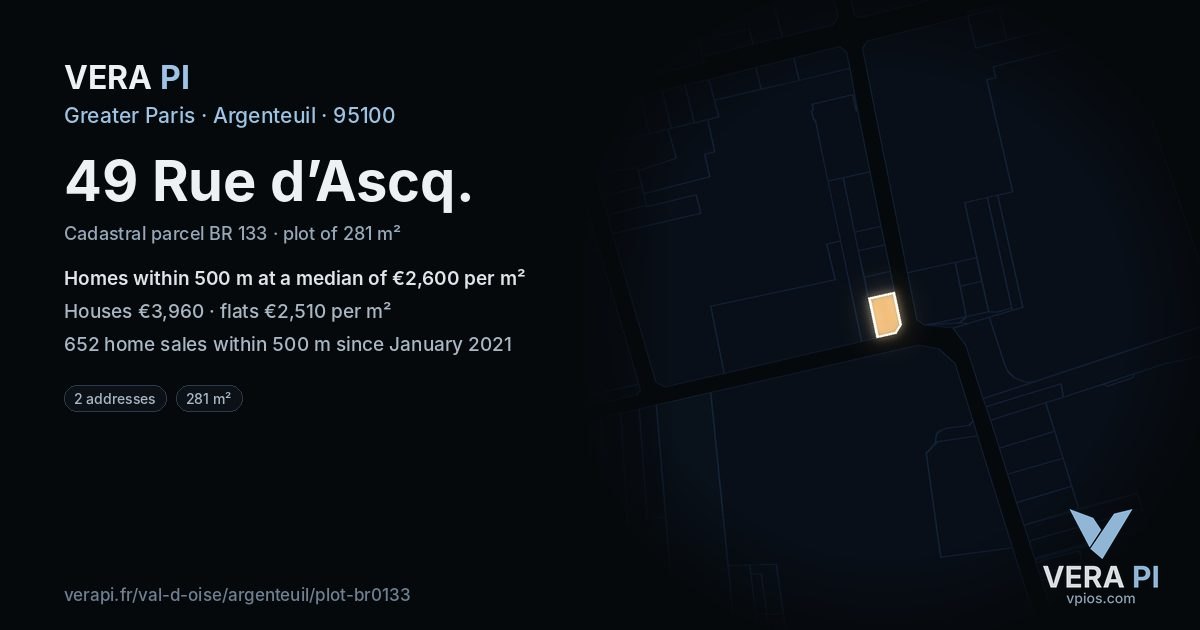49 Rue d’Ascq, Argenteuil at night – the plot lit, the parcels around coloured by the prices near them