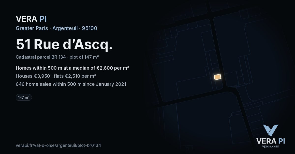 51 Rue d’Ascq, Argenteuil at night – the plot lit, the parcels around coloured by the prices near them