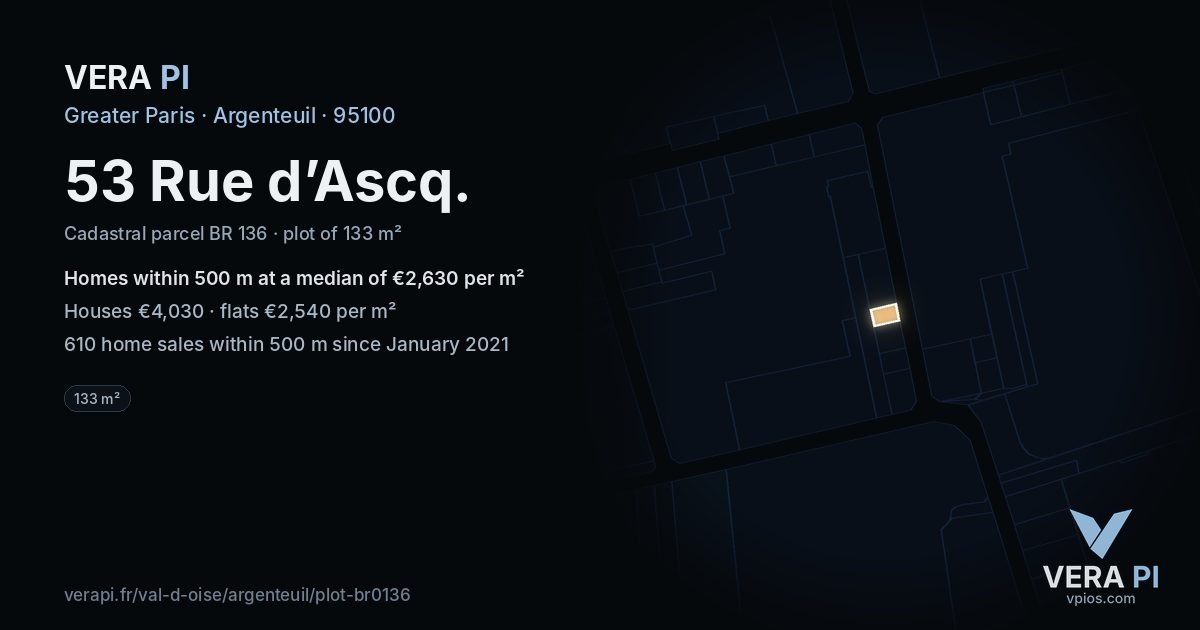 53 Rue d’Ascq, Argenteuil at night – the plot lit, the parcels around coloured by the prices near them