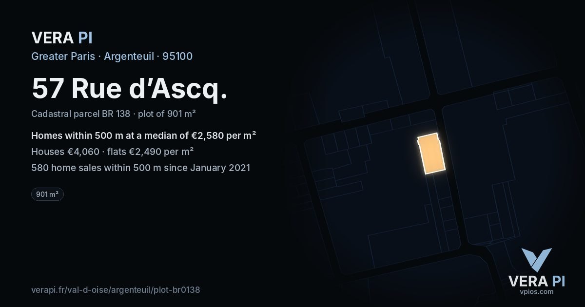 57 Rue d’Ascq, Argenteuil at night – the plot lit, the parcels around coloured by the prices near them