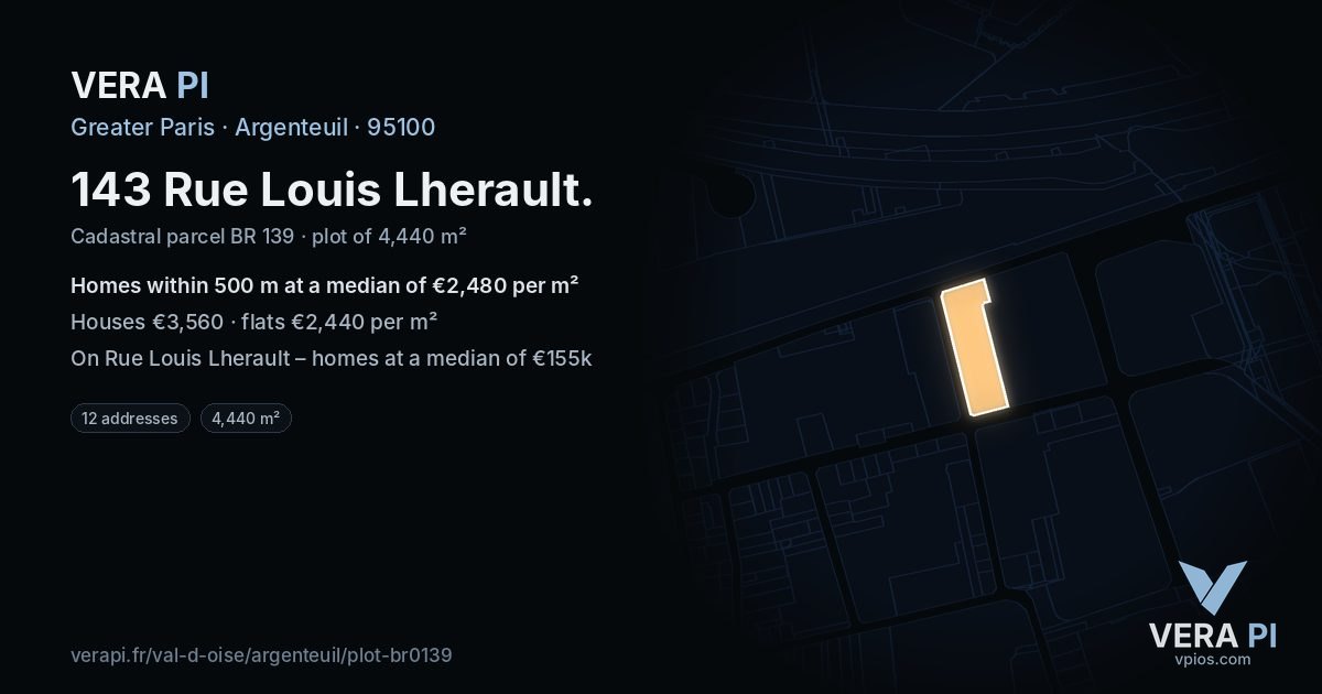 143 Rue Louis Lherault, Argenteuil at night – the plot lit, the parcels around coloured by the prices near them