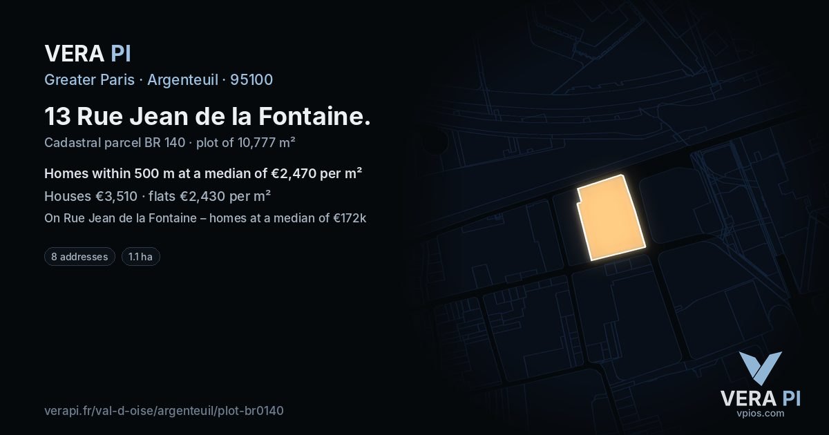 13 Rue Jean de la Fontaine, Argenteuil at night – the plot lit, the parcels around coloured by the prices near them