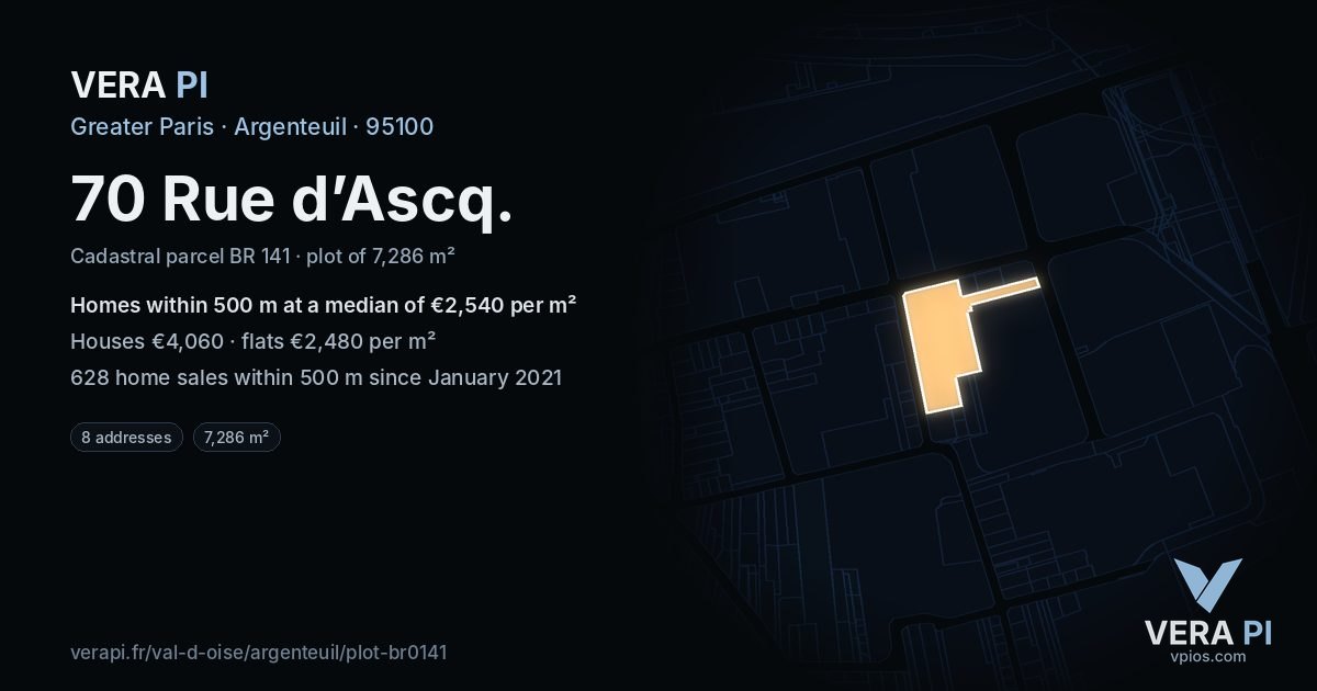 70 Rue d’Ascq, Argenteuil at night – the plot lit, the parcels around coloured by the prices near them