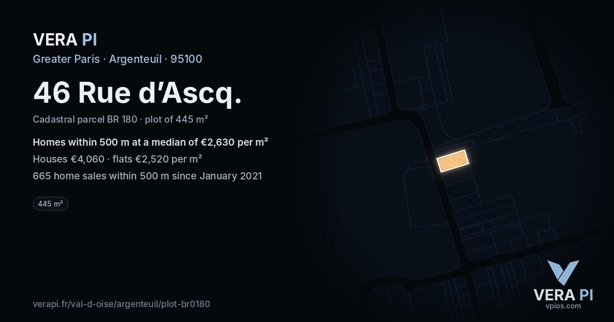 46 Rue d’Ascq, Argenteuil at night – the plot lit, the parcels around coloured by the prices near them