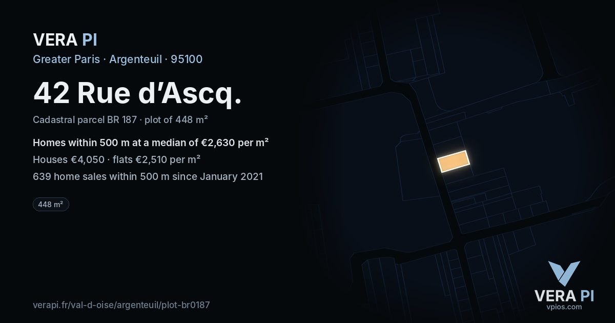 42 Rue d’Ascq, Argenteuil at night – the plot lit, the parcels around coloured by the prices near them