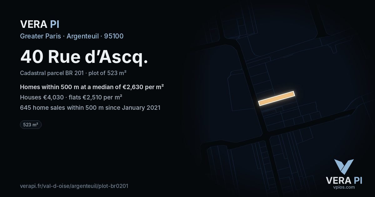 40 Rue d’Ascq, Argenteuil at night – the plot lit, the parcels around coloured by the prices near them