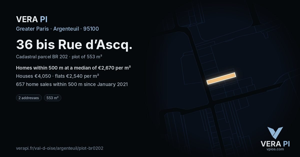 36 bis Rue d’Ascq, Argenteuil at night – the plot lit, the parcels around coloured by the prices near them