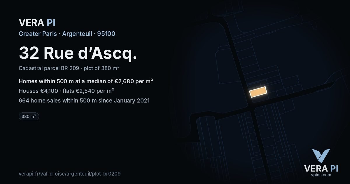 32 Rue d’Ascq, Argenteuil at night – the plot lit, the parcels around coloured by the prices near them
