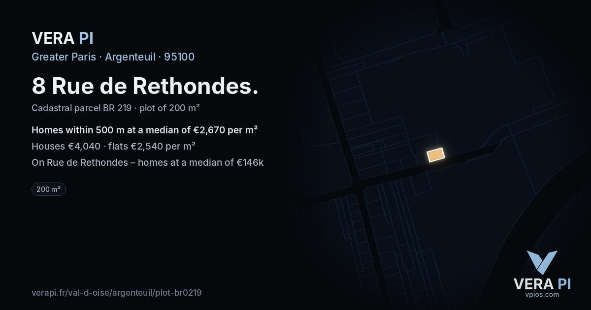 8 Rue de Rethondes, Argenteuil at night – the plot lit, the parcels around coloured by the prices near them