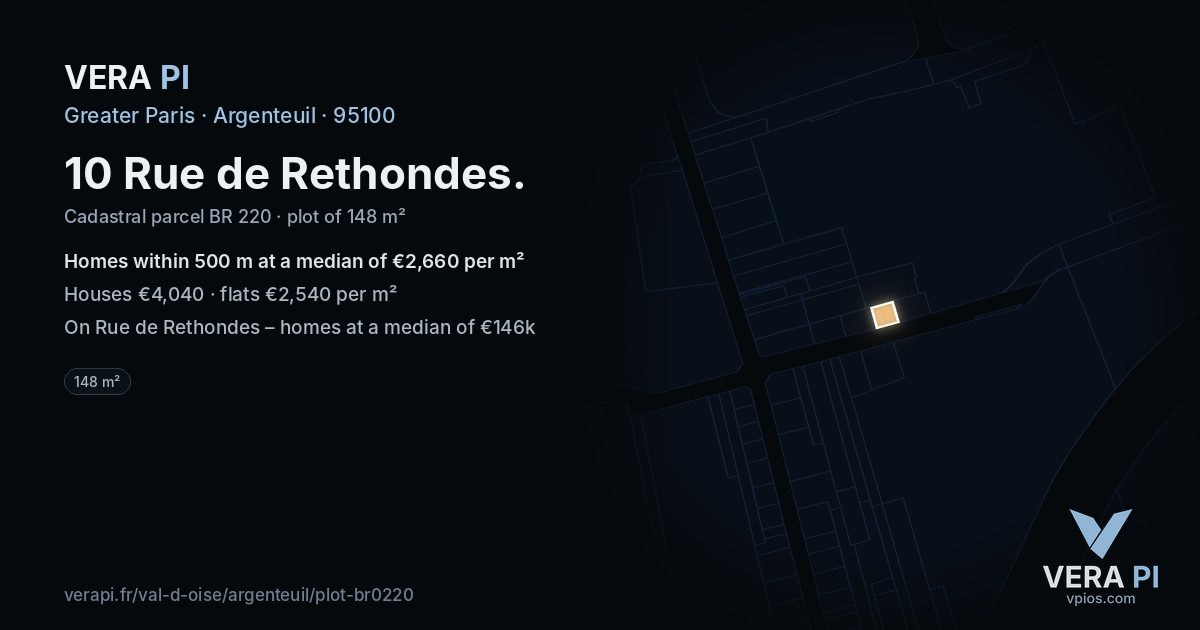10 Rue de Rethondes, Argenteuil at night – the plot lit, the parcels around coloured by the prices near them